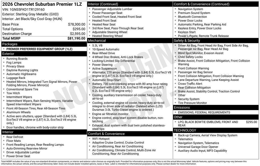 new 2026 Chevrolet Suburban car, priced at $76,936