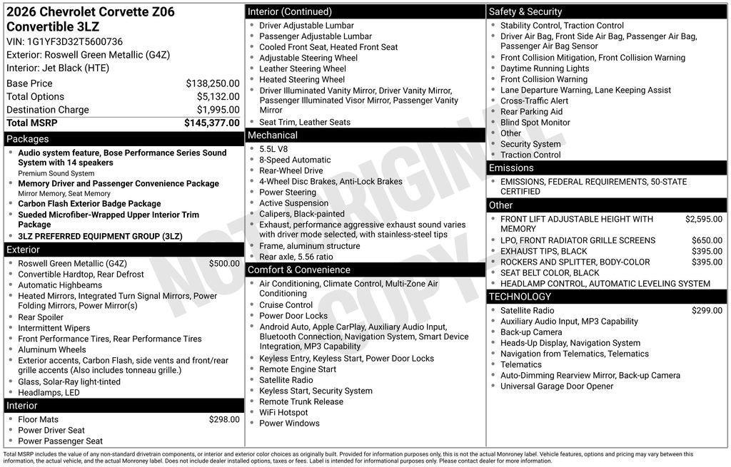 new 2026 Chevrolet Corvette car, priced at $137,977