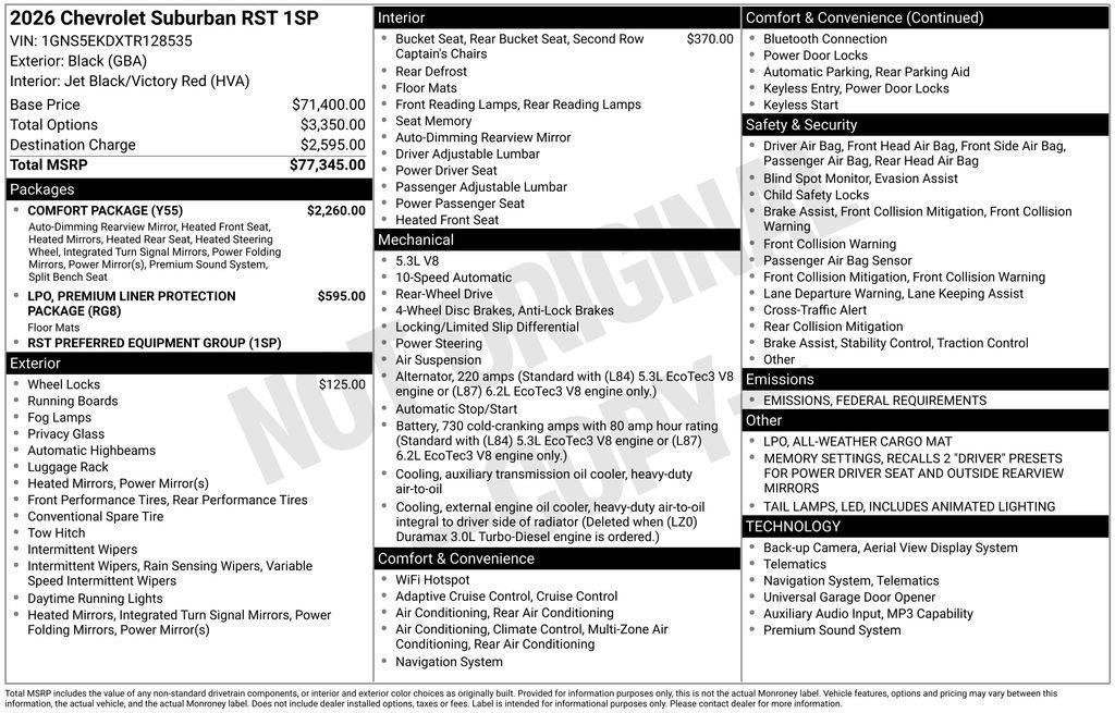 new 2026 Chevrolet Suburban car, priced at $73,075