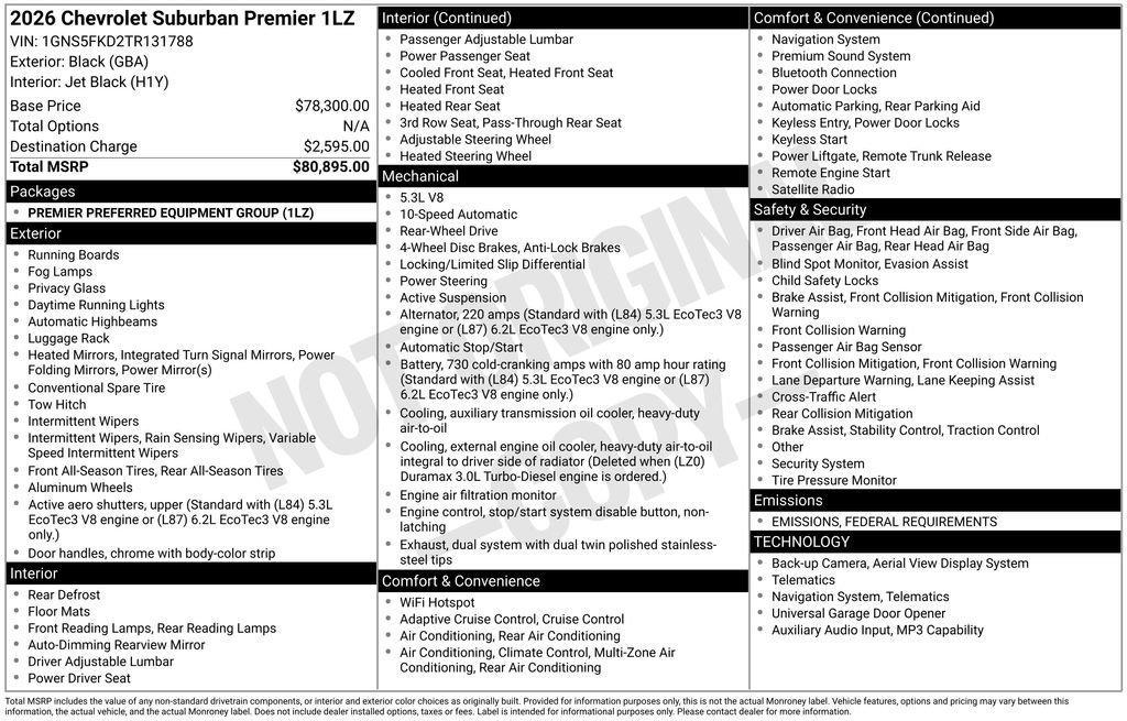 new 2026 Chevrolet Suburban car, priced at $76,667