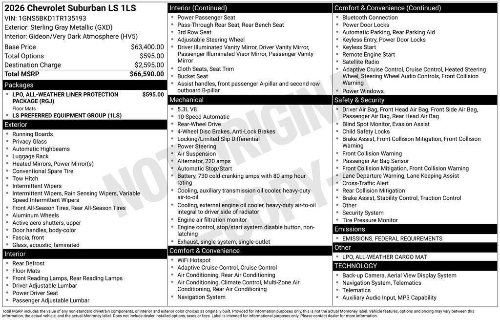 new 2026 Chevrolet Suburban car, priced at $63,113