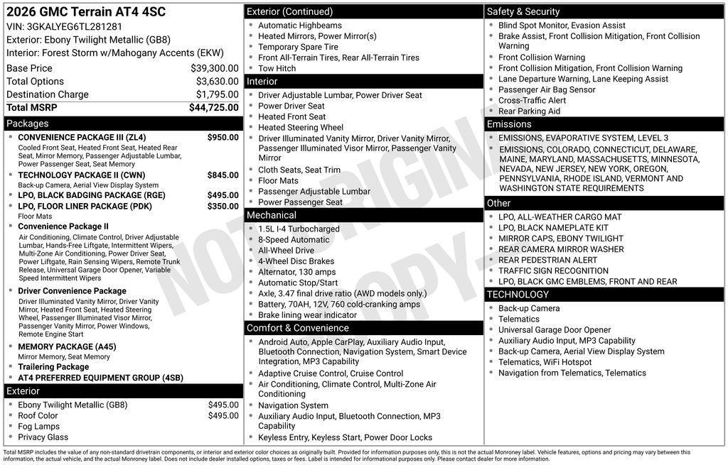 new 2026 GMC Terrain car, priced at $43,225