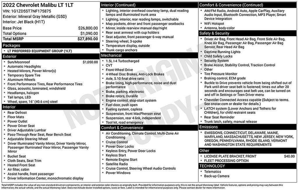 used 2022 Chevrolet Malibu car, priced at $19,000