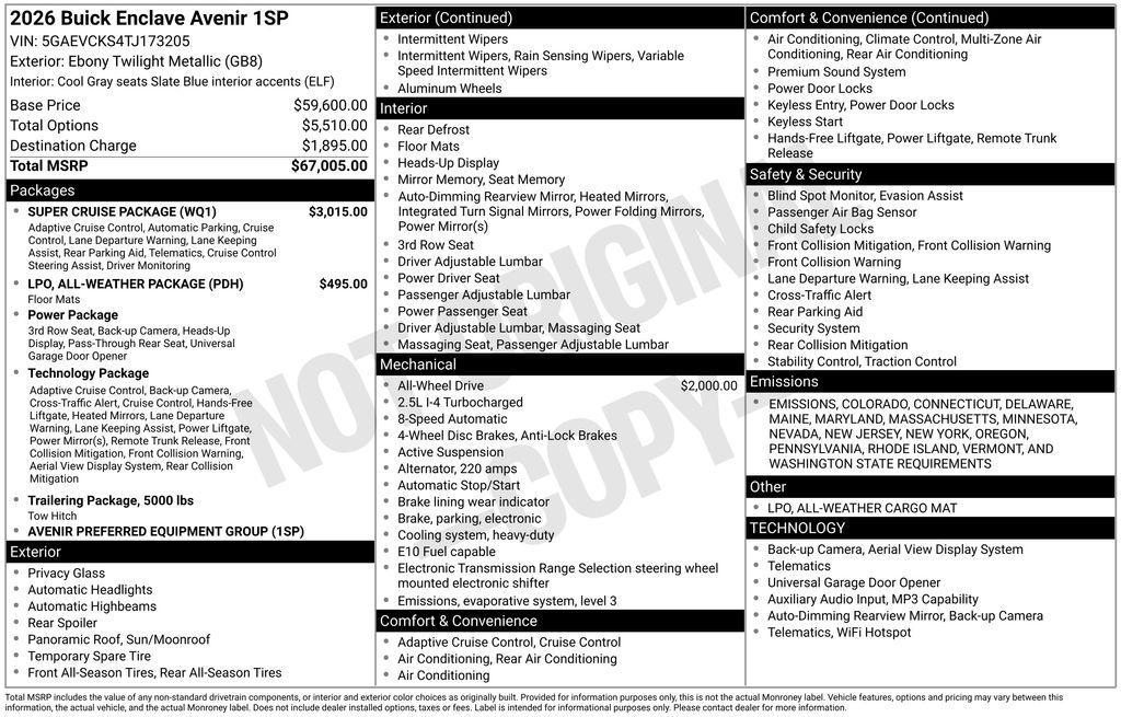 new 2026 Buick Enclave car, priced at $64,005