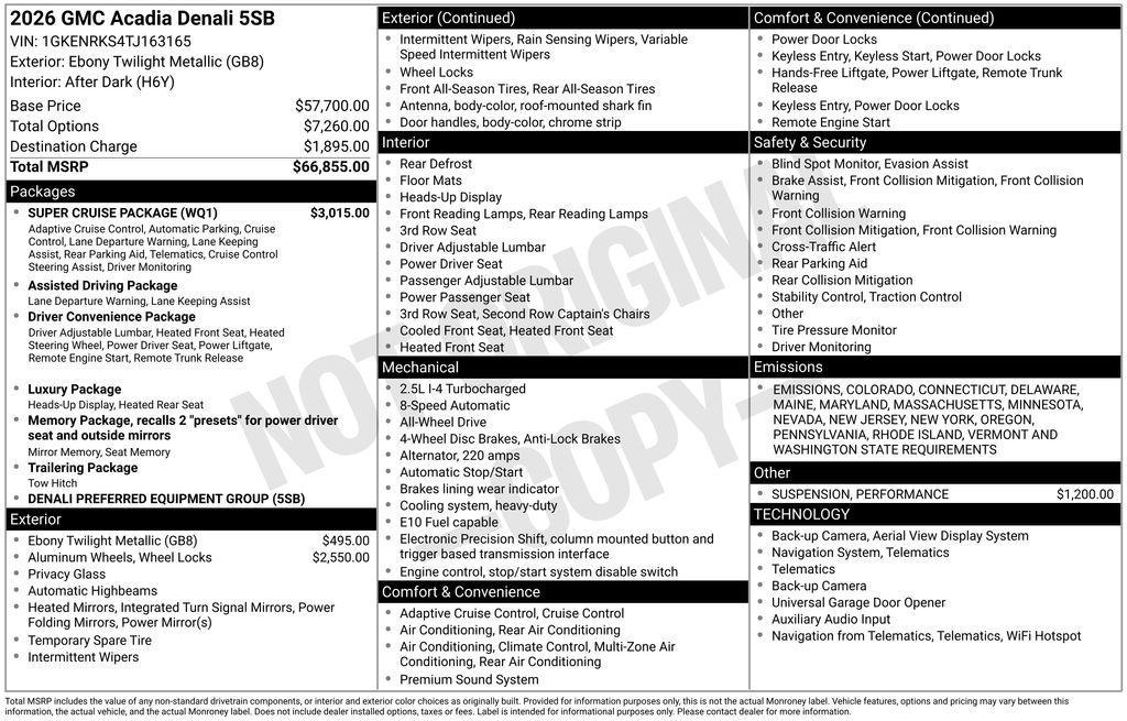 new 2026 GMC Acadia car, priced at $65,855