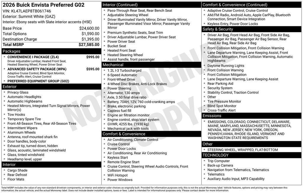 new 2026 Buick Envista car, priced at $26,335