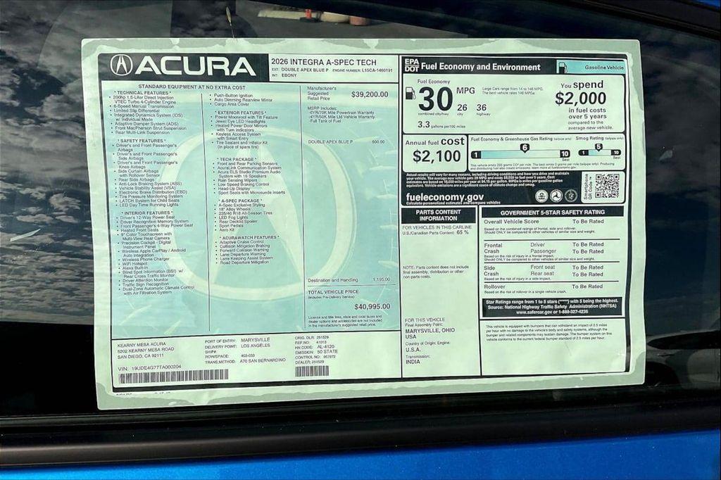 new 2026 Acura Integra car, priced at $40,995