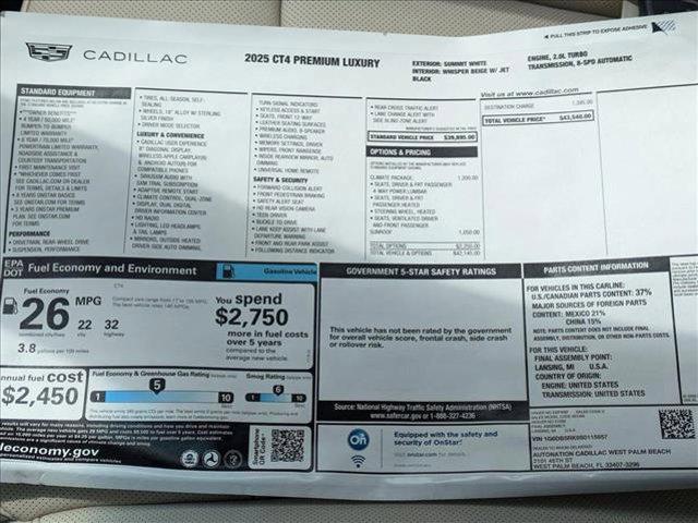 new 2025 Cadillac CT4 car, priced at $43,540