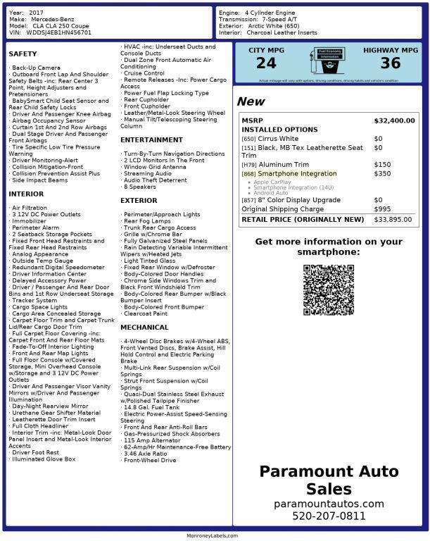 used 2017 Mercedes-Benz CLA 250 car, priced at $13,990