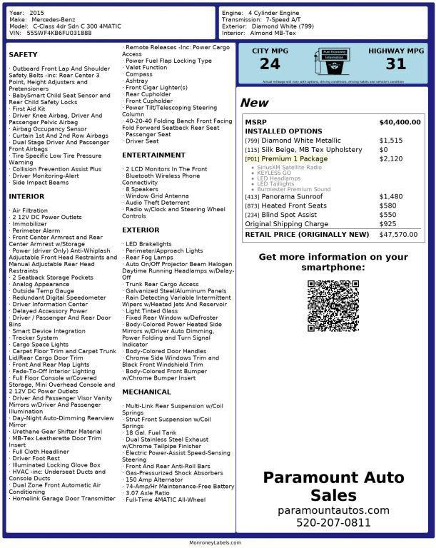 used 2015 Mercedes-Benz C-Class car, priced at $13,990