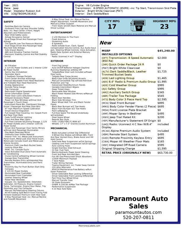 used 2021 Jeep Gladiator car, priced at $40,990