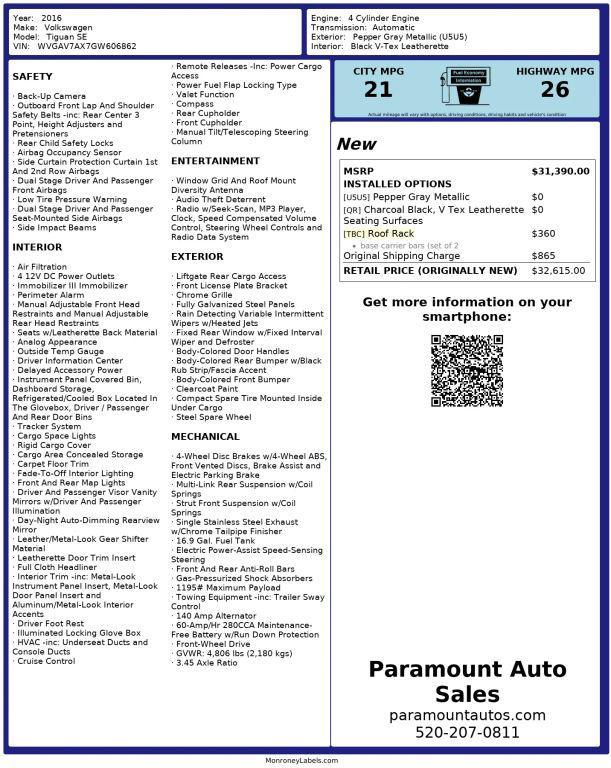 used 2016 Volkswagen Tiguan car, priced at $9,990