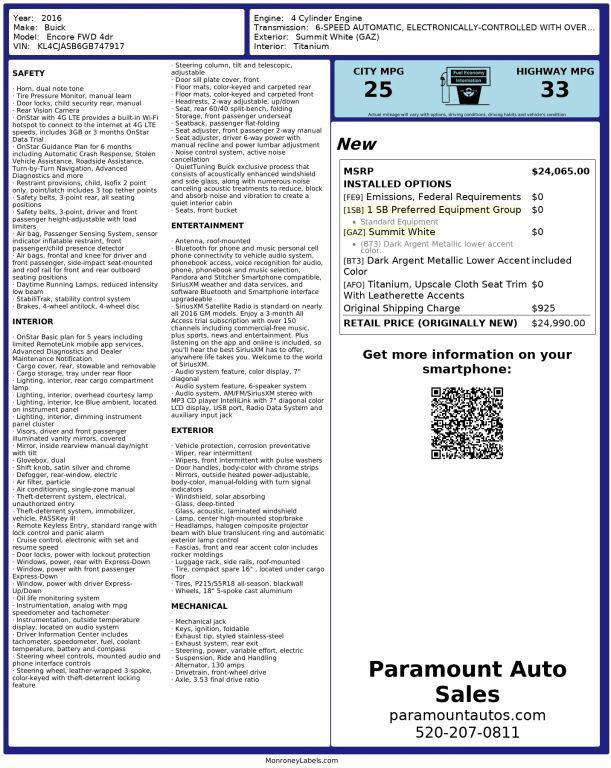 used 2016 Buick Encore car, priced at $9,900