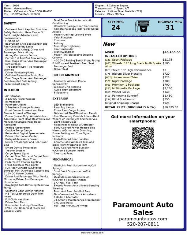 used 2016 Mercedes-Benz C-Class car, priced at $14,990