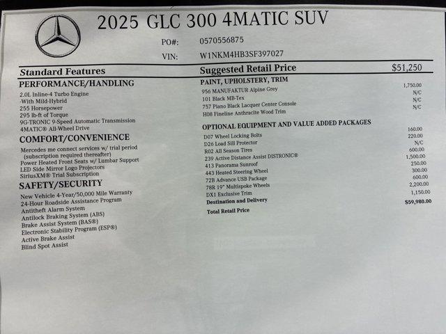 new 2025 Mercedes-Benz GLC 300 car, priced at $59,980