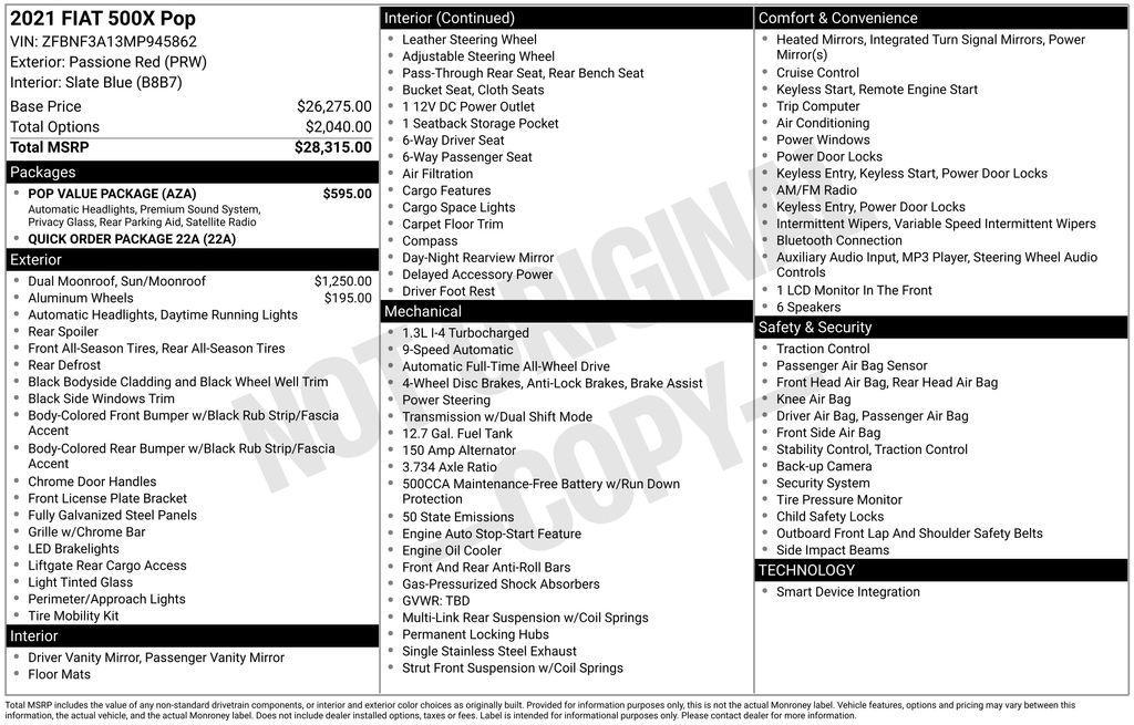 used 2021 FIAT 500X car, priced at $16,459