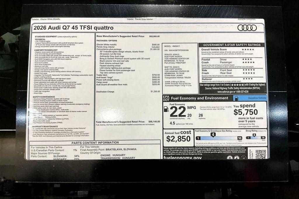 new 2026 Audi Q7 car, priced at $68,140
