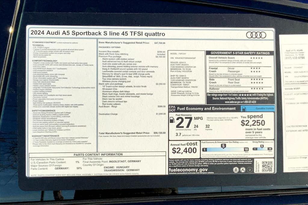 new 2024 Audi A5 Sportback car, priced at $52,209