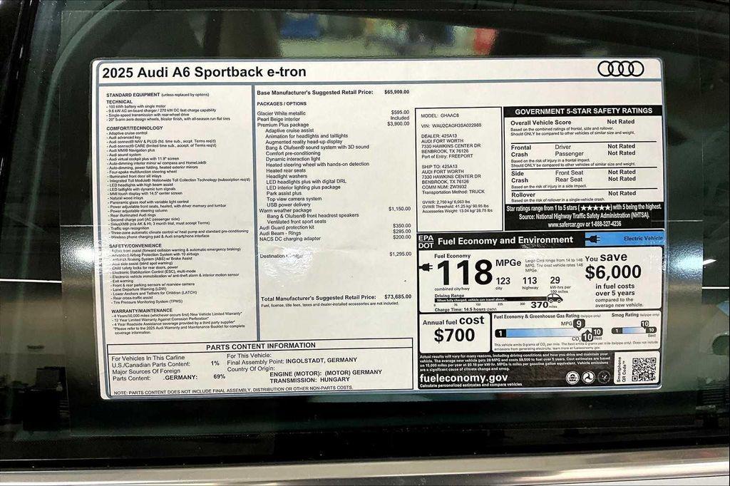new 2025 Audi A6 e-tron car, priced at $66,316