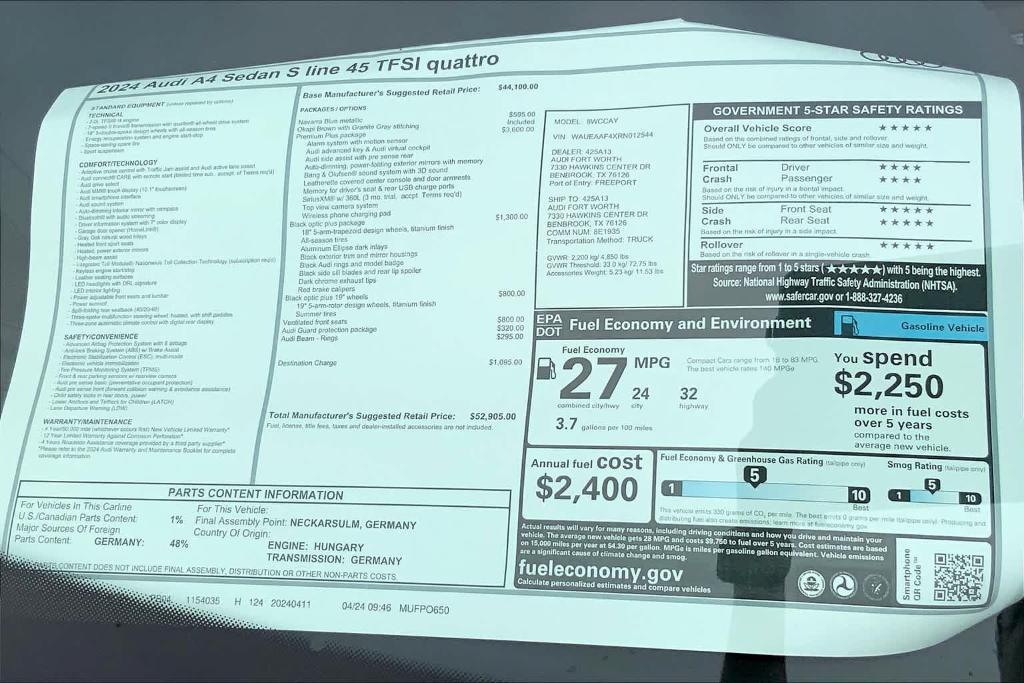 new 2024 Audi A4 car, priced at $50,015