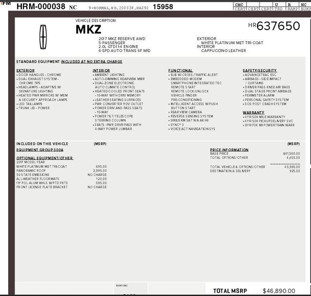 used 2017 Lincoln MKZ car, priced at $18,000