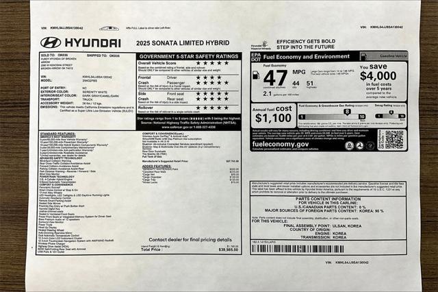 new 2025 Hyundai Sonata Hybrid car, priced at $35,786