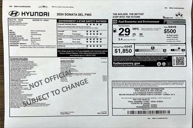 new 2024 Hyundai Sonata car, priced at $28,645