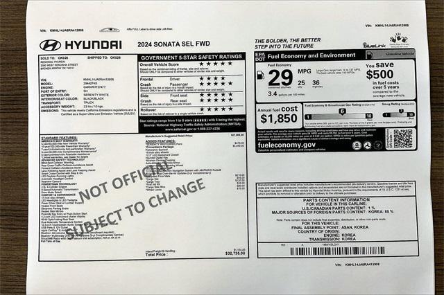 new 2024 Hyundai Sonata car, priced at $30,771