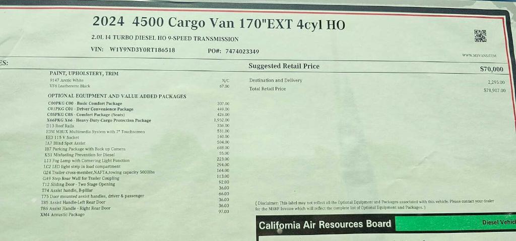 new 2024 Mercedes-Benz Sprinter 4500 car, priced at $78,907