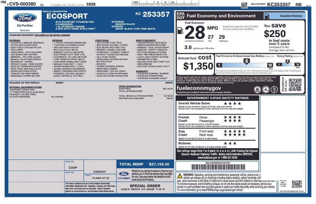 used 2019 Ford EcoSport car, priced at $13,700
