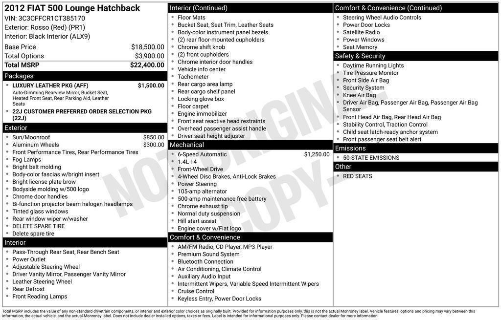 used 2012 FIAT 500 car, priced at $6,950