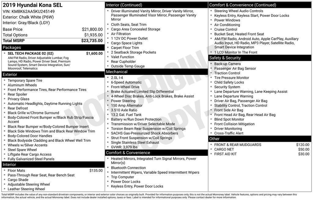 used 2019 Hyundai Kona car, priced at $15,900