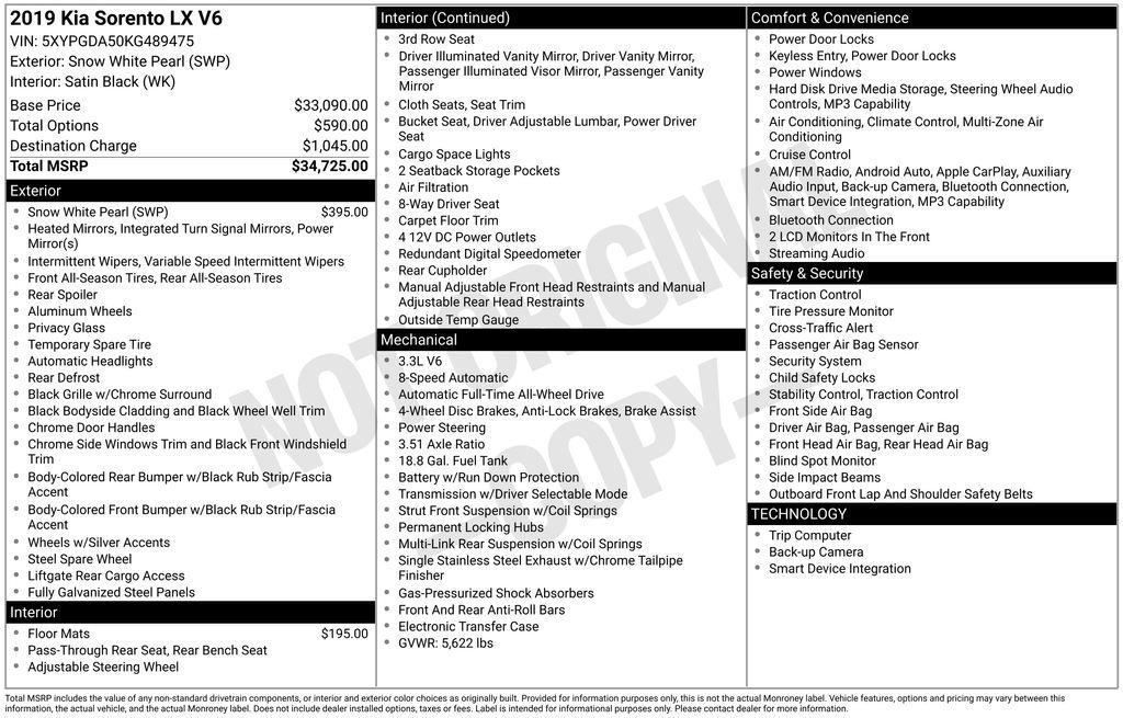 used 2019 Kia Sorento car, priced at $11,495