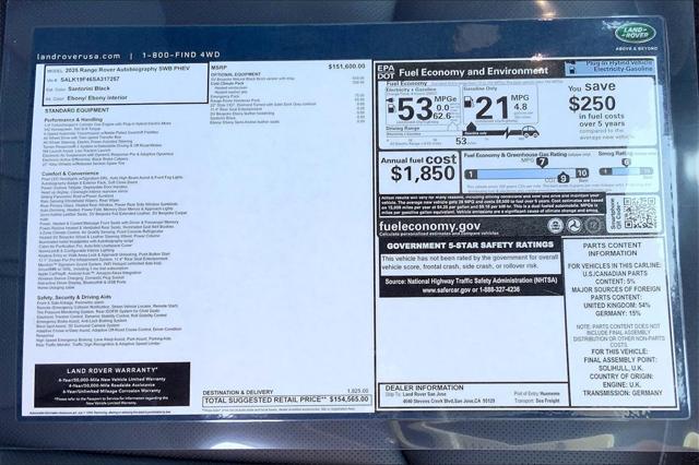 new 2025 Land Rover Range Rover car, priced at $154,565