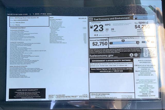 new 2025 Land Rover Range Rover Velar car, priced at $73,735