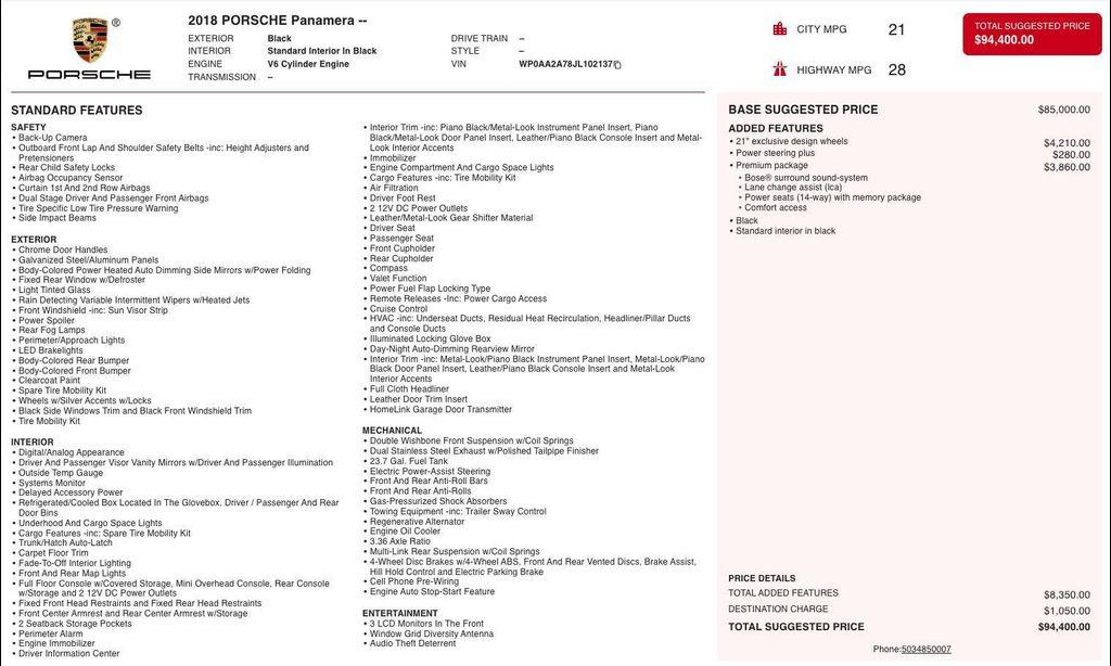 used 2018 Porsche Panamera car, priced at $37,565