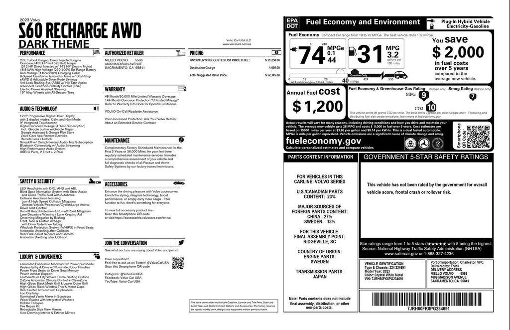 used 2023 Volvo S60 Recharge Plug-In Hybrid car, priced at $29,161