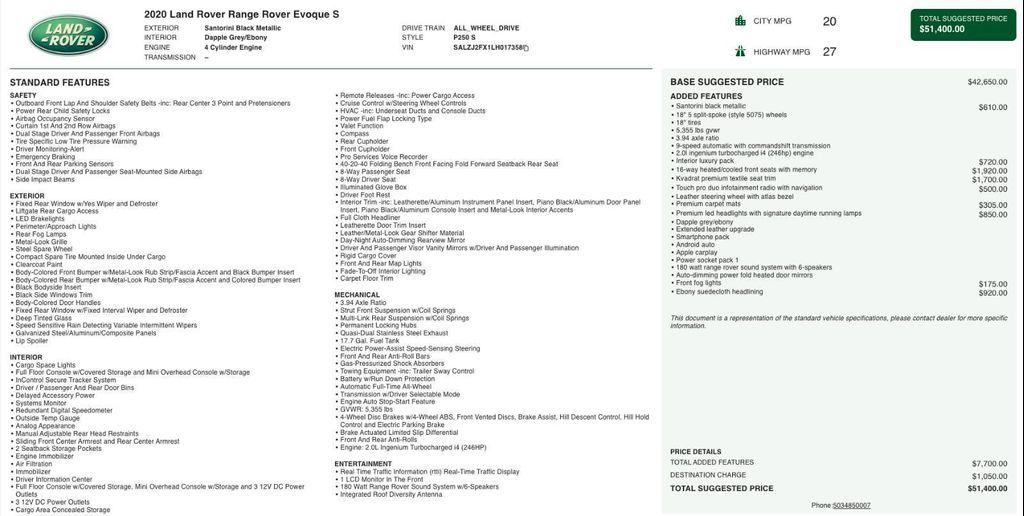 used 2020 Land Rover Range Rover Evoque car, priced at $21,868