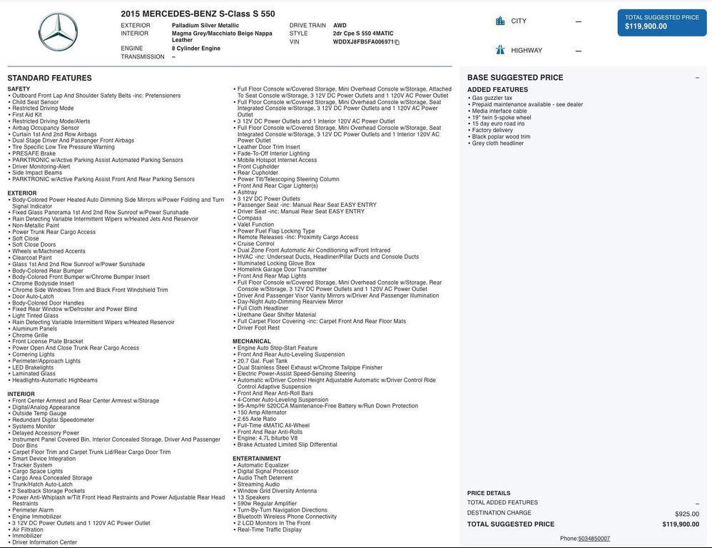 used 2015 Mercedes-Benz S-Class car, priced at $41,936