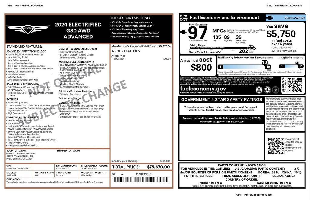 used 2024 Genesis Electrified G80 car, priced at $44,010