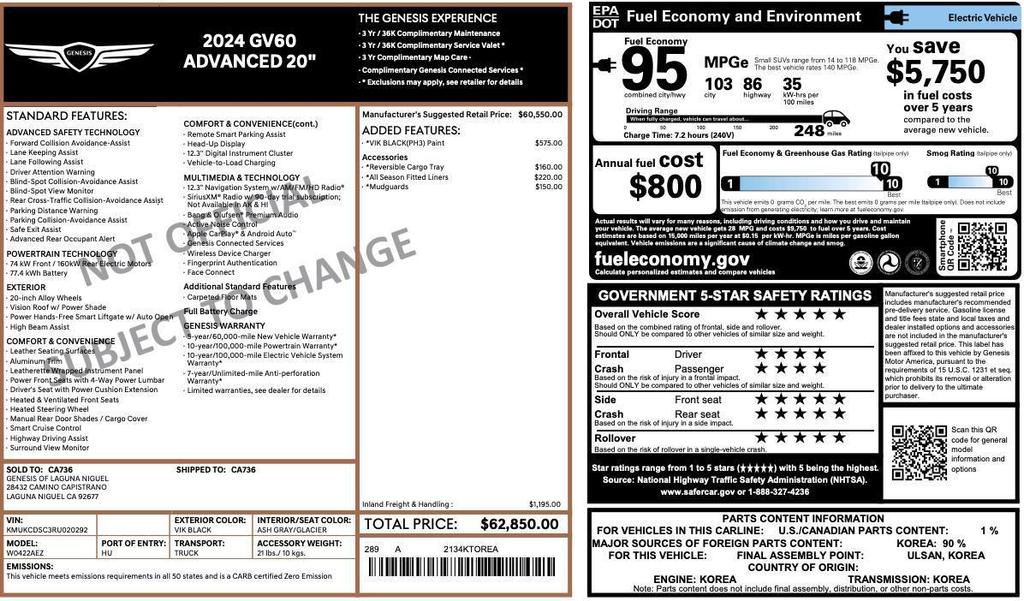 used 2024 Genesis GV60 car, priced at $37,355