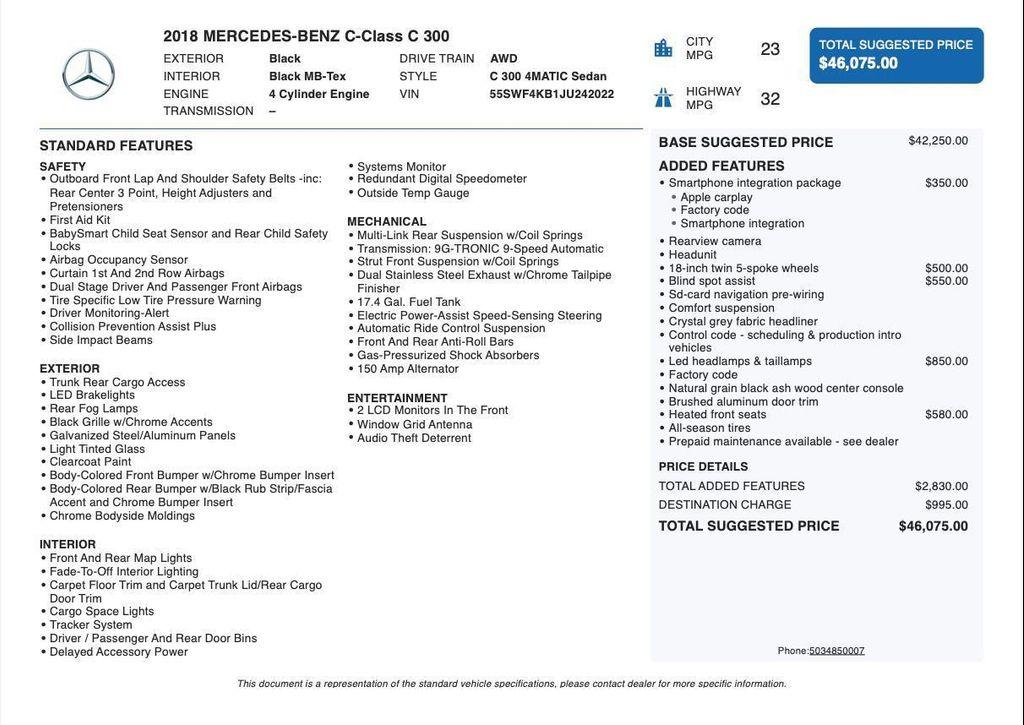 used 2018 Mercedes-Benz C-Class car, priced at $21,995