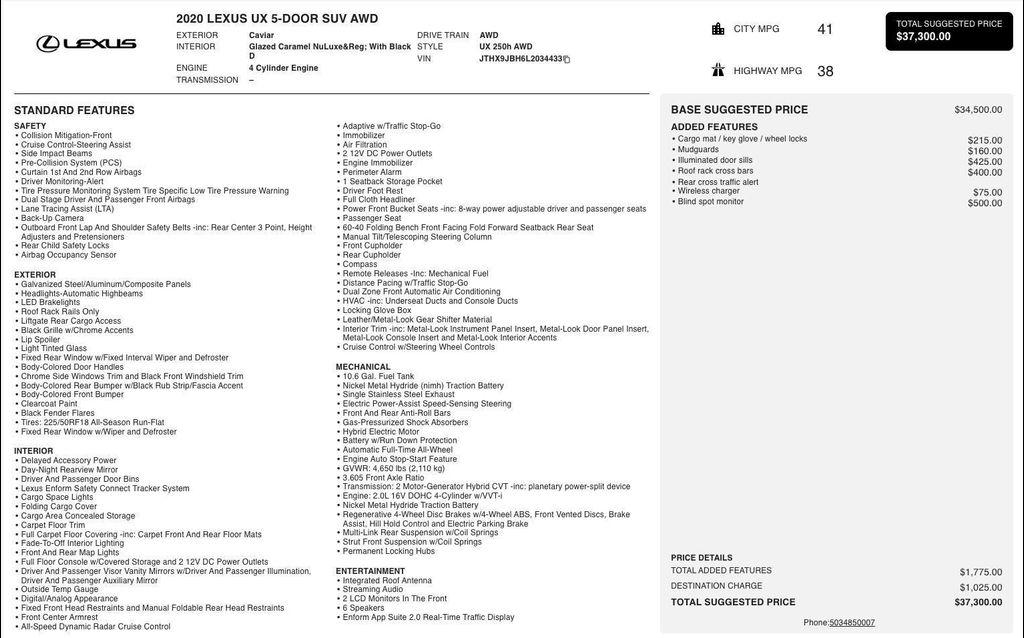 used 2020 Lexus UX 250h car, priced at $27,485