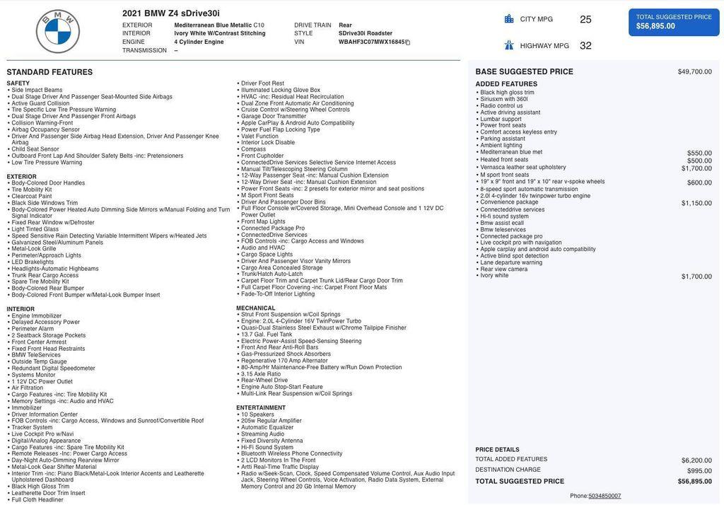 used 2021 BMW Z4 car, priced at $33,451