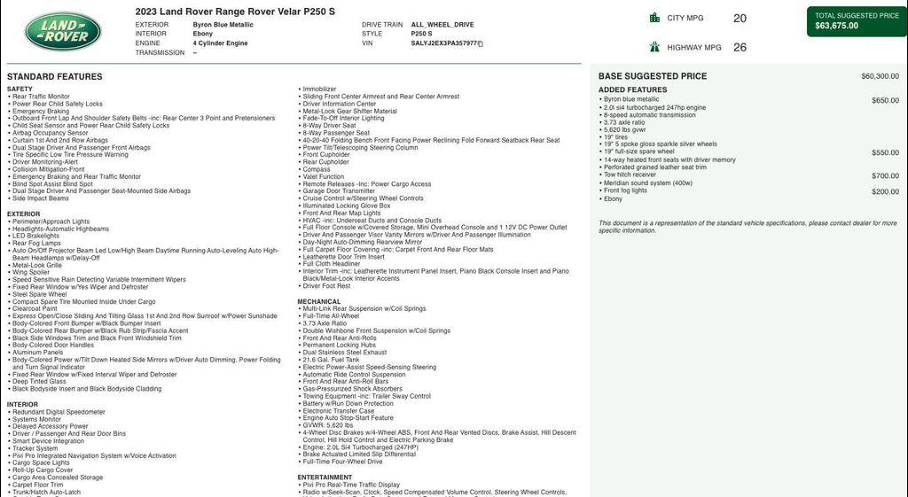 used 2023 Land Rover Range Rover Velar car, priced at $31,970