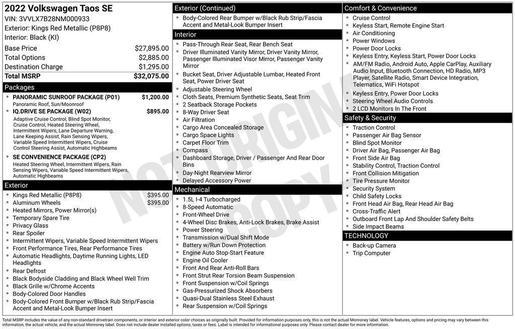 used 2022 Volkswagen Taos car, priced at $18,605