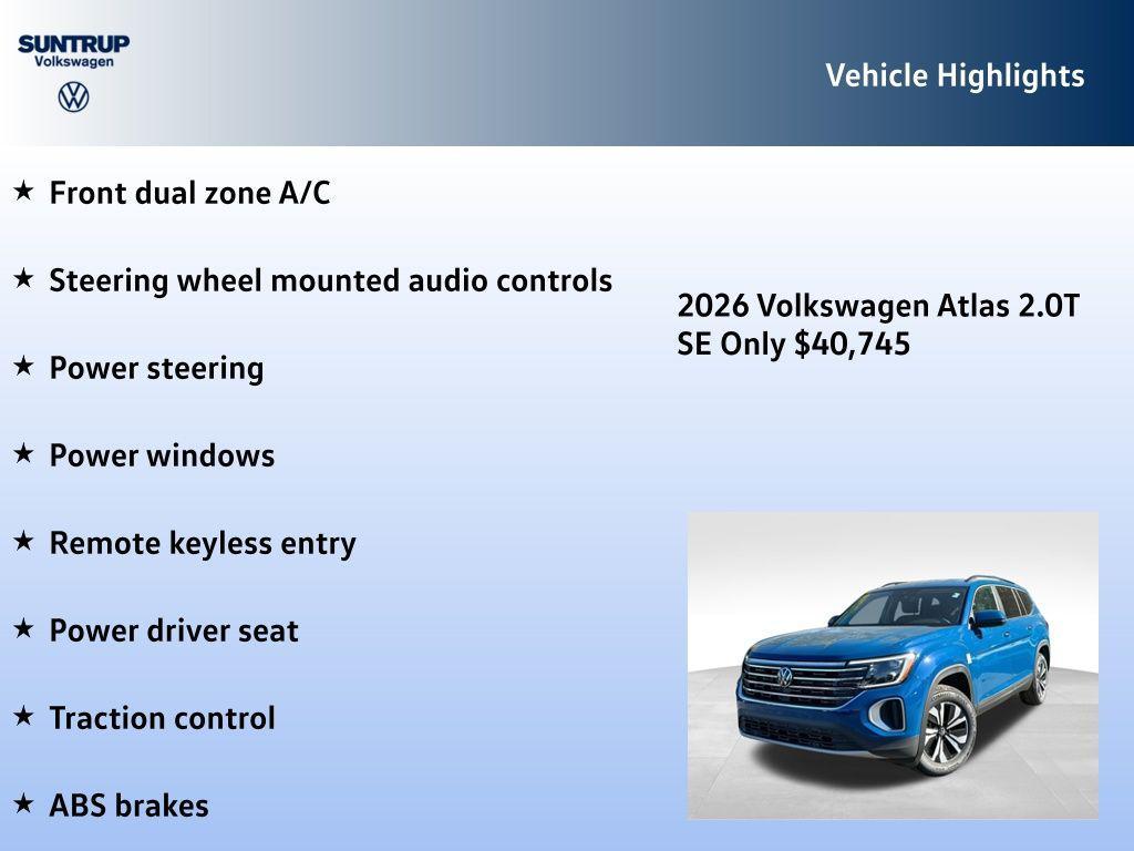 new 2026 Volkswagen Atlas car, priced at $40,745
