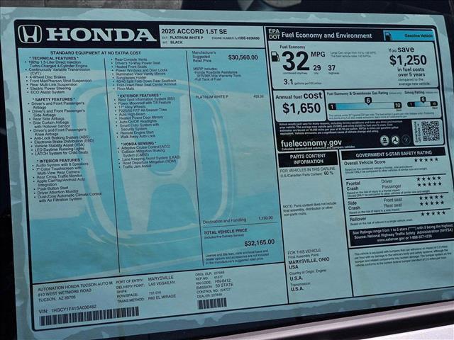 new 2025 Honda Accord car, priced at $30,996