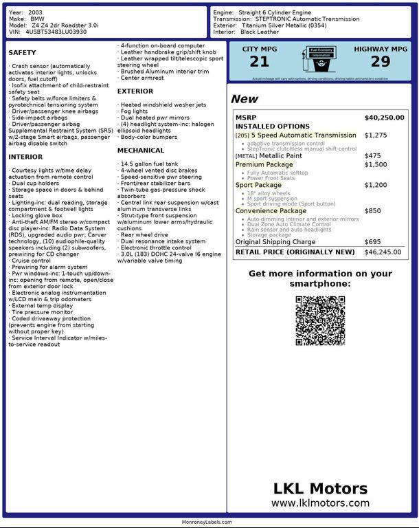 used 2003 BMW Z4 car, priced at $13,450