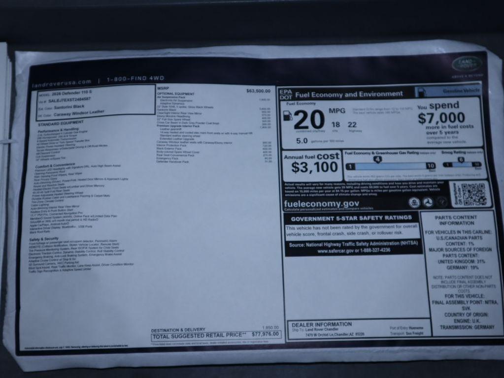 new 2026 Land Rover Defender car, priced at $77,976